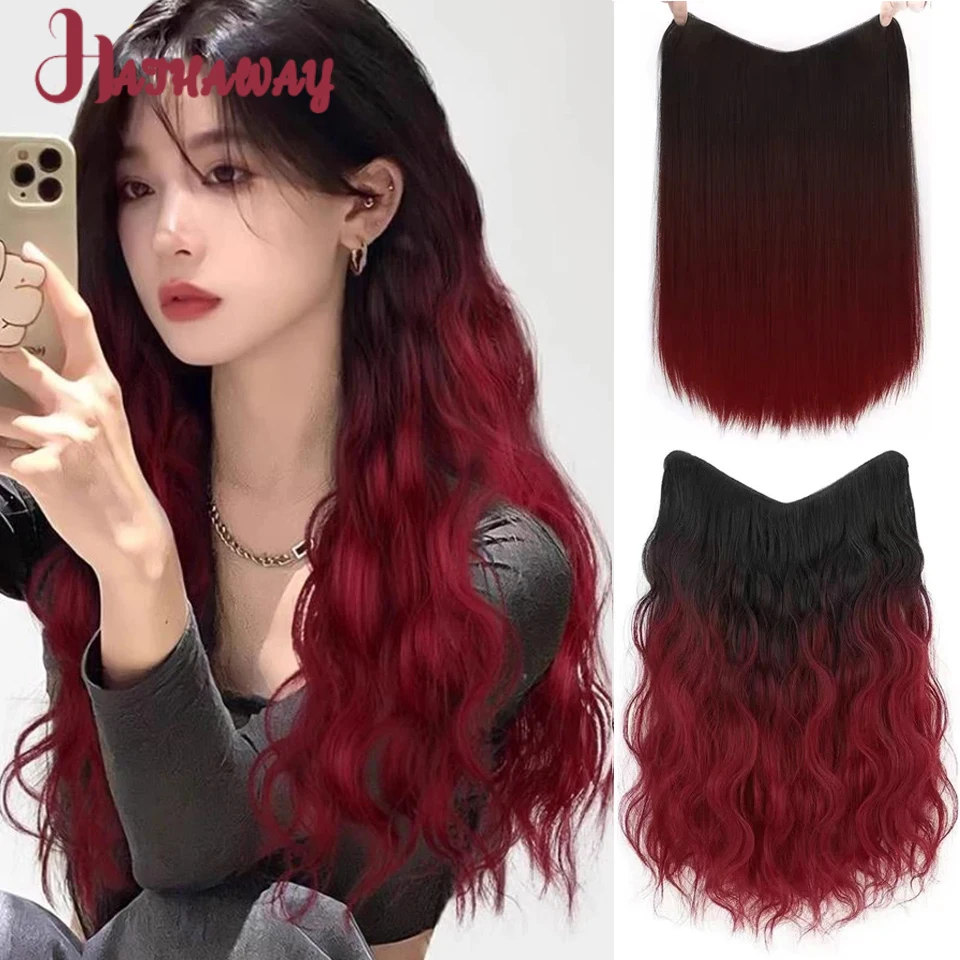 Clip in Hair Extension Black Ombre Wine Red Hairpieces Synthetic Dyeing Gradual Long Straight Hair Water Ripples Fake Hair