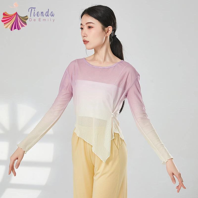 Women Classical Dance Outfits Top Mesh Tulle Shirt Gradient Color Irregular Hem Slim Crew Neck Blouse Modern Performance Clothes