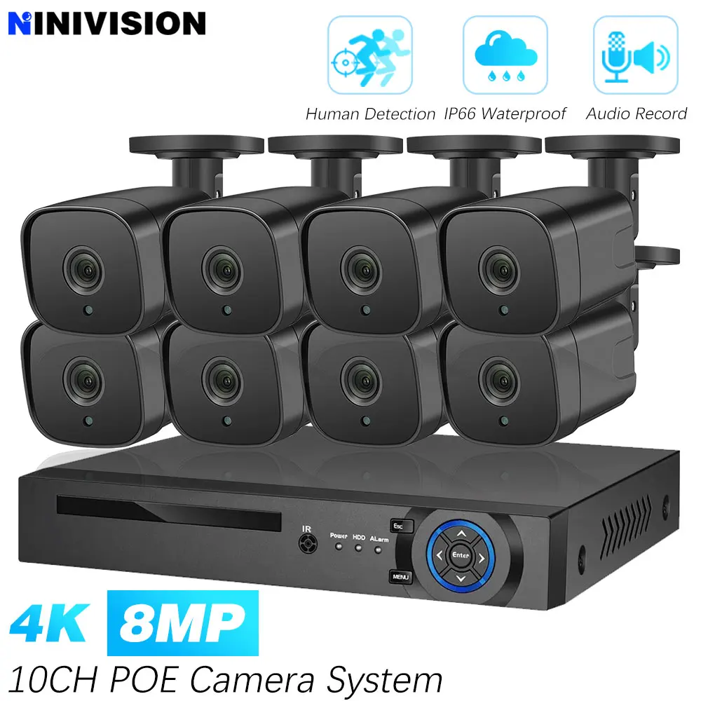 

4K POE Security Camera System 10CH 8CH 4CH NVR 8MP Outdoor Cameras Audio Record Waterproof Color Night Vision Surveillance Kit