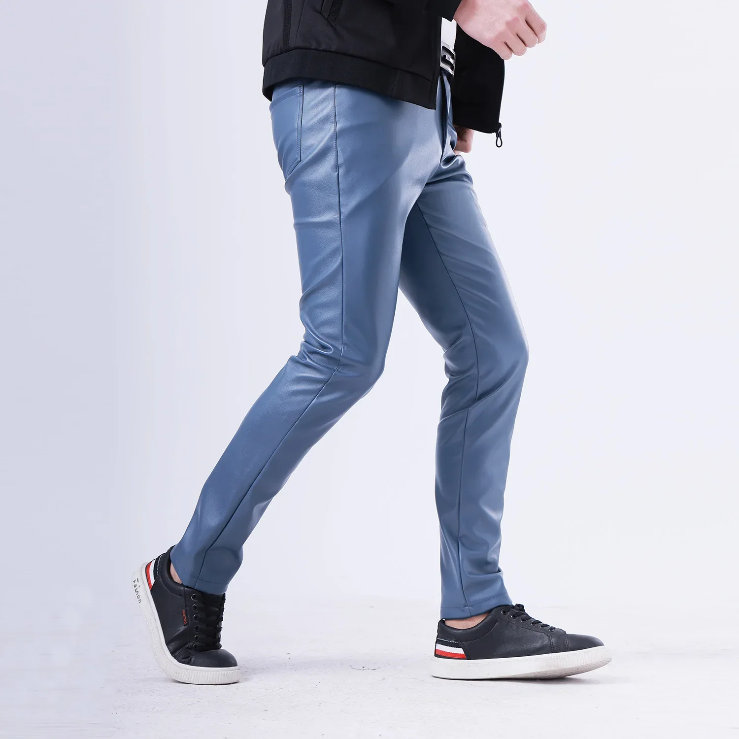 Spring Summer Thin Youth Mens Leather Pants Stretch Slim Fit Fashion Color White Bar Leather Pants for Men