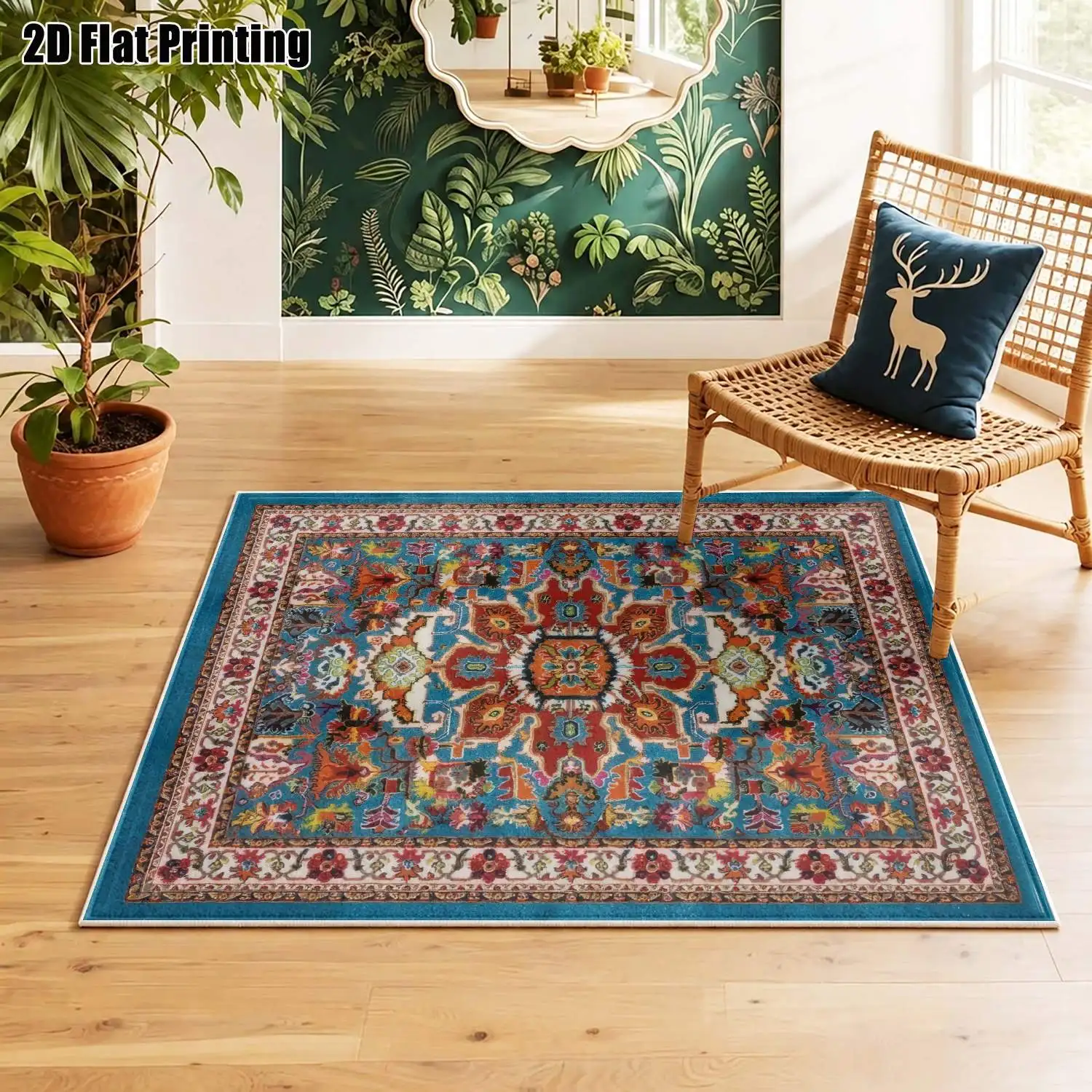 1Pc 2D Printed Velvet Carpet, Blue Base with Colorful Geometric Floral Pattern, European/Bohemian/Vintage Style, Home Decor, Multiple Sizes, Machine Washable, Multi-Scene Use