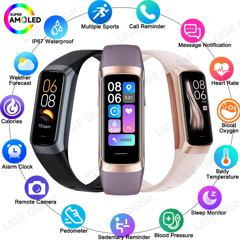 

LIGE 1.1" AMOLED Display Smartwatch Waterproof Sport Fitness Watch Blood Pressure Temperature Monitor Smart Band For IOS Android