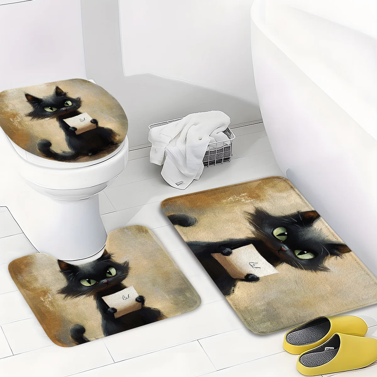 3pcs of Vintage Newspaper Cat Flannel Bathroom Rug Sets - Soft Flannel Material, Quick-drying U-shaped Base Rug, Suitable for Ba