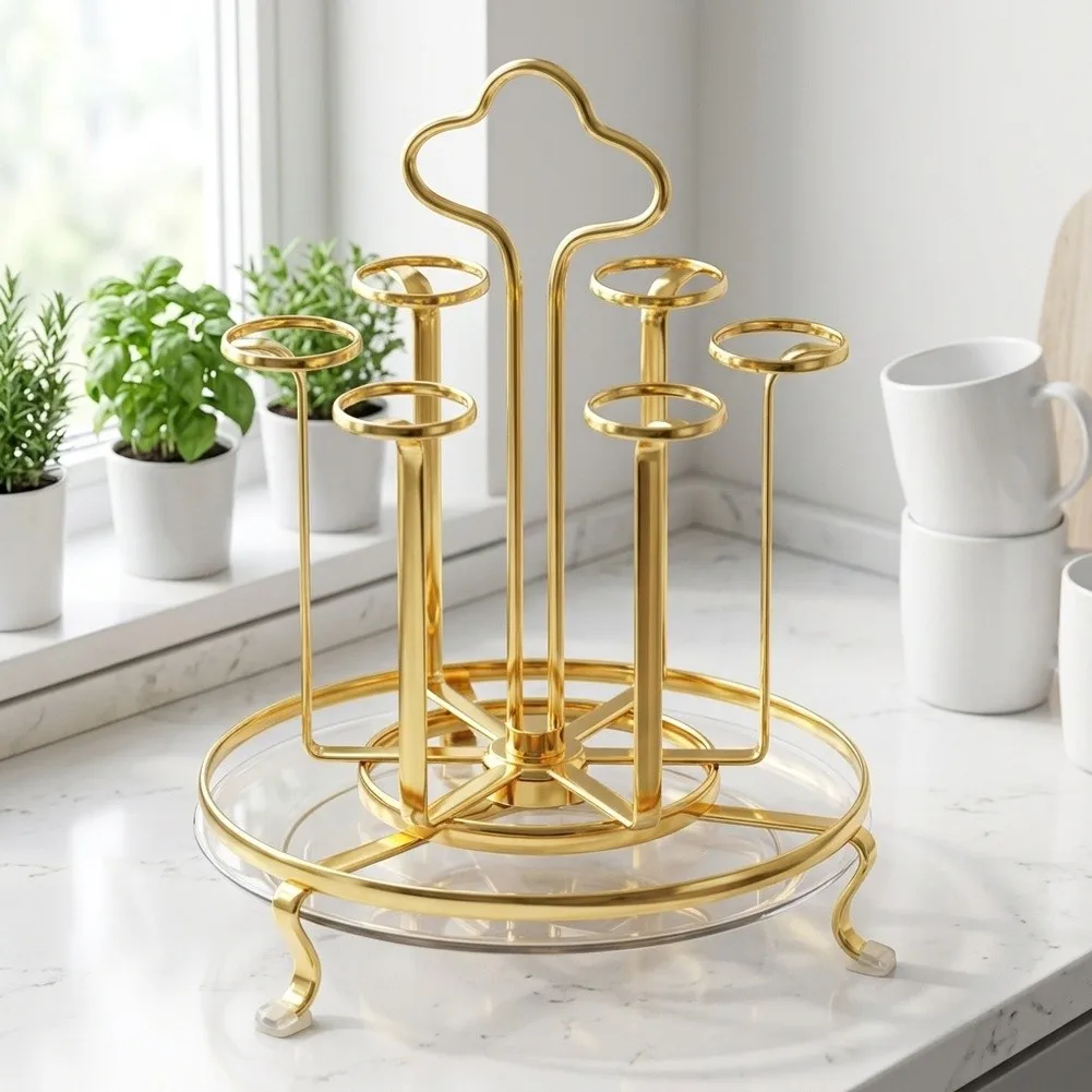 Swivel Base Cup Drying Stand - Functional Bottle Rack for Kitchen Countertop or Cabinet Shelf - Iron and Silicone Build