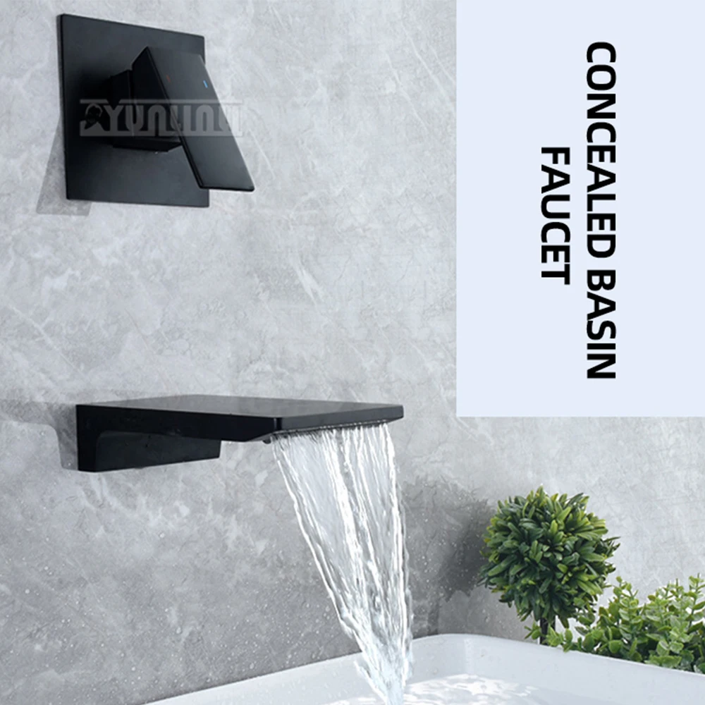 

Waterfall Spout Basin Faucet Brushed Gold Bathroom Washing Basin Tap Wall Mounted Single Handle Hot and Cold Mixer Tap