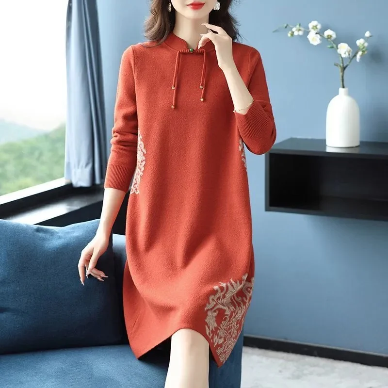 Jesienno-zimowa sukienka swetrowa z kołnierzykiem cheongsam, damska, dzianinowa, długa, luźna, elegancka sukienka dzianinowa, sukienki damskie, vestidos
