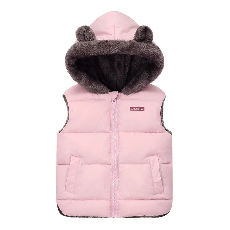 Boys Girls Hooded Zipper Down Vest Coat Kids Cotton-padded Solid Plush Waistcoat Toddler Baby Winter Thicken Warm Outerwear