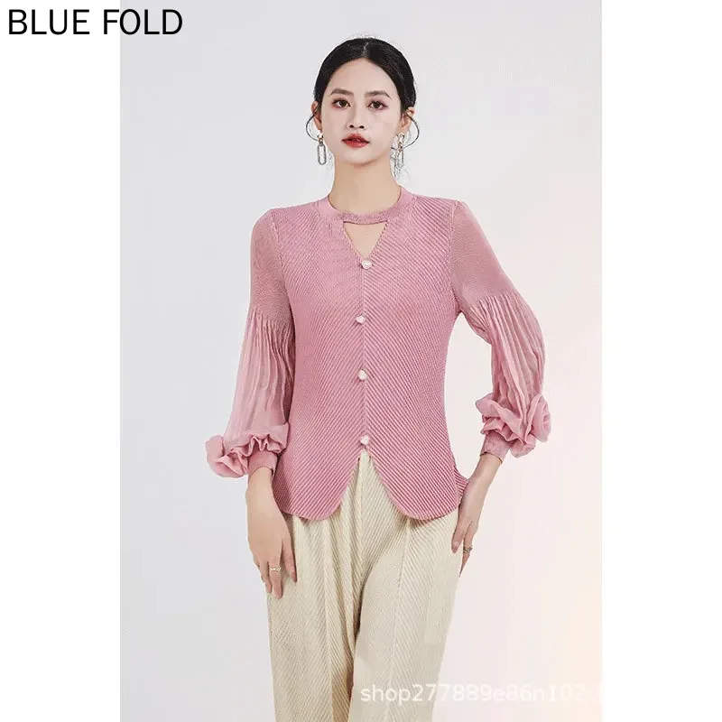 

2025 Spring New Pleated Solid Colour Mesh Blouse Fashion Temperament Small Perfume Style Round Neck Blouse Women Shirt
