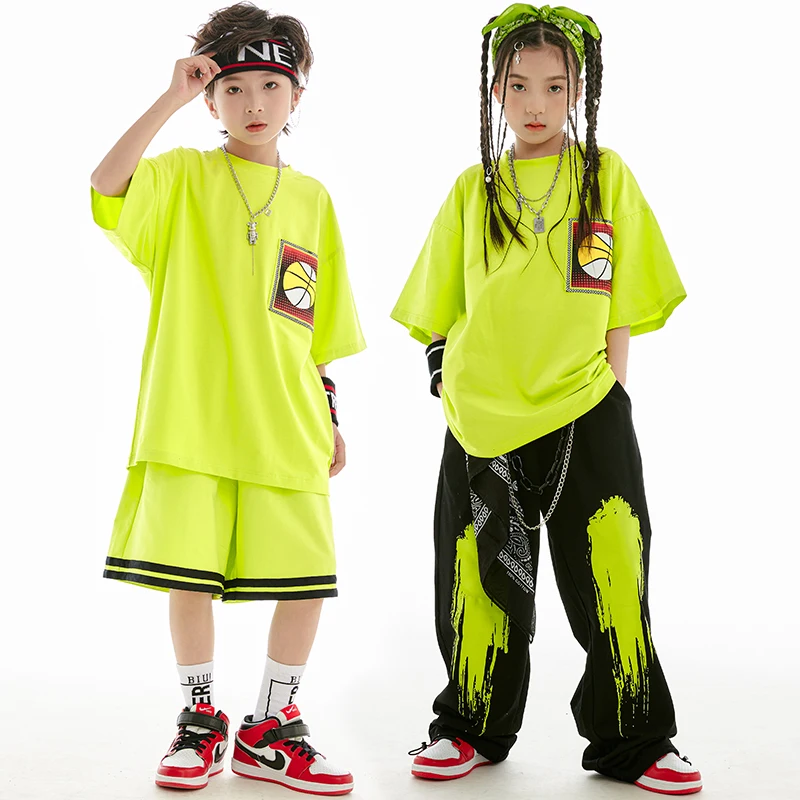 Summer Kids Hip Hop Dance Costume Short Sleeves Green Tops Pants Boys Sport Casual Clothing Girls Jazz Performance Wear BL10359