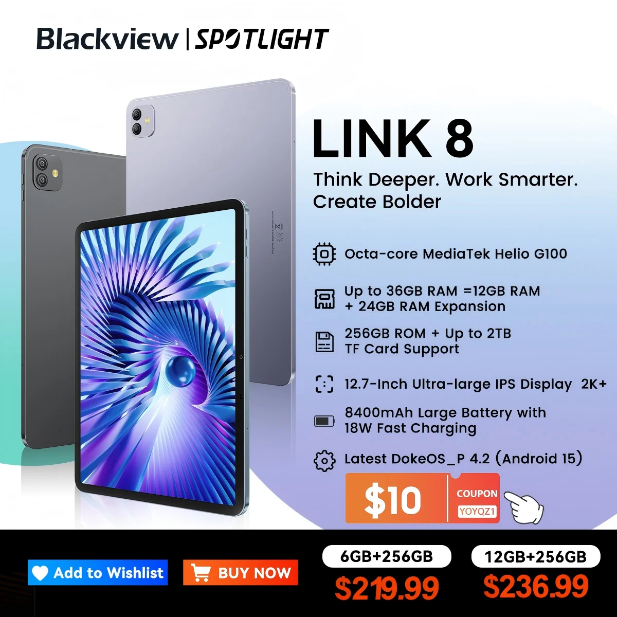 Blackview LINK 8 Tablet 12.7" 2K Display Octa-Core MT8781, 8400mAh Battery, 18W Fast Charging 16MP Camera Android Tablet