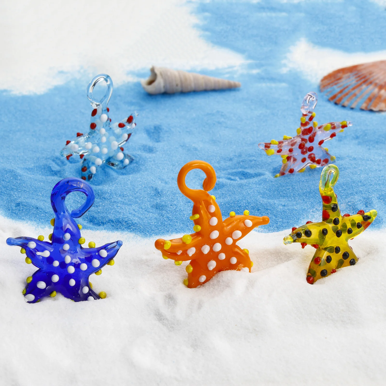 2 PCs 3D Starfish Dot Lampwork Glass Ocean Jewelry Pendants Necklace Charms Tiny Sea Star Fish Aquarium Decoration Accessories