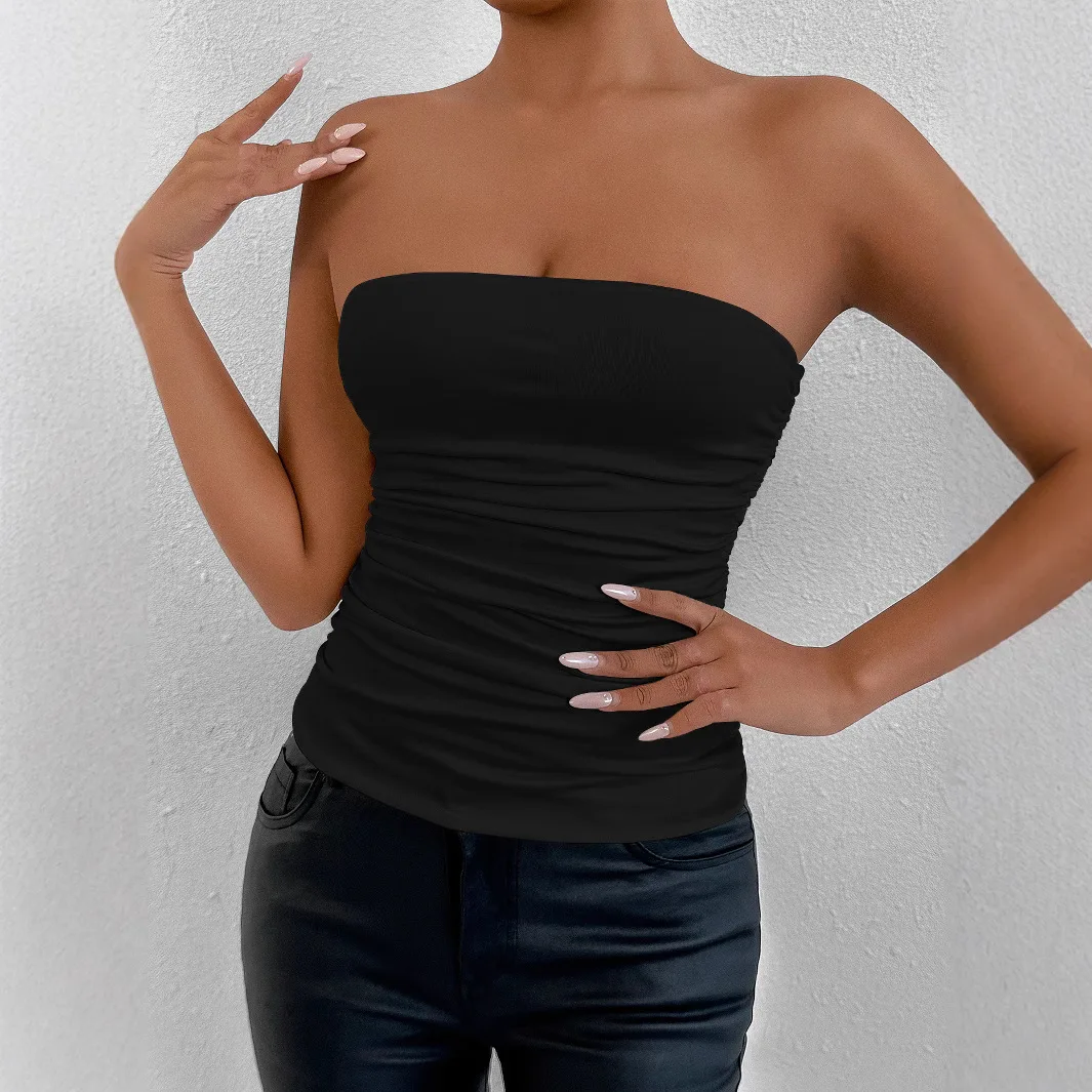 2026 Sexy Summer Women Solid Strapless Bandeau Top Bodycon Sleeveless Off Shoulder Slim Vest Club Party Daily Casual Outfit