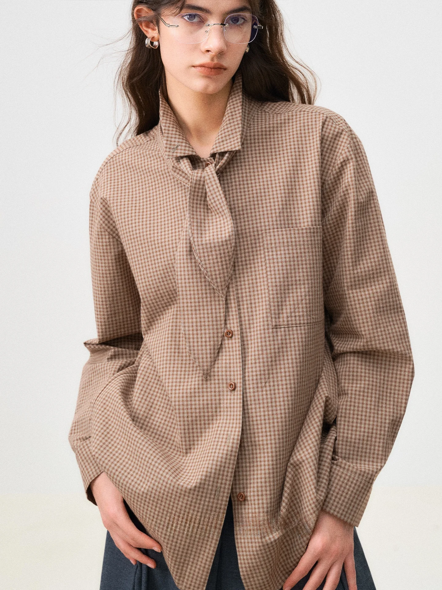 

High Quali Long Velvet Cotton Slimming Fun Plaid irt Tie Set Artistic Sle Women's Loose Fit Pure Cotton Casual irt