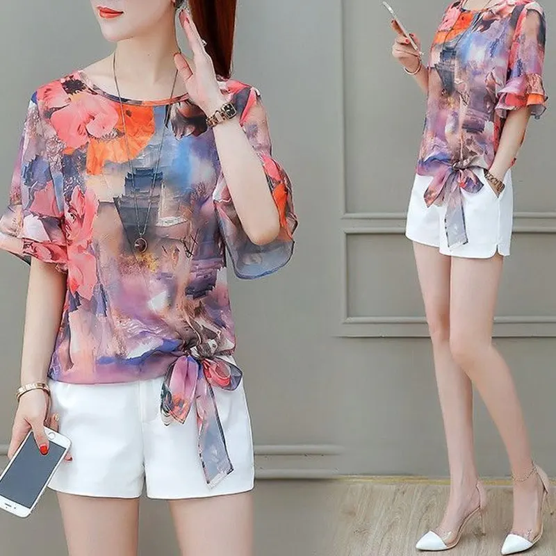 Office Lady Elegant Ruffles Patchwork Blouse Fashion Floral Printed Summer Loose Female Short Sleeve Casual Drawstring Bow Shirt