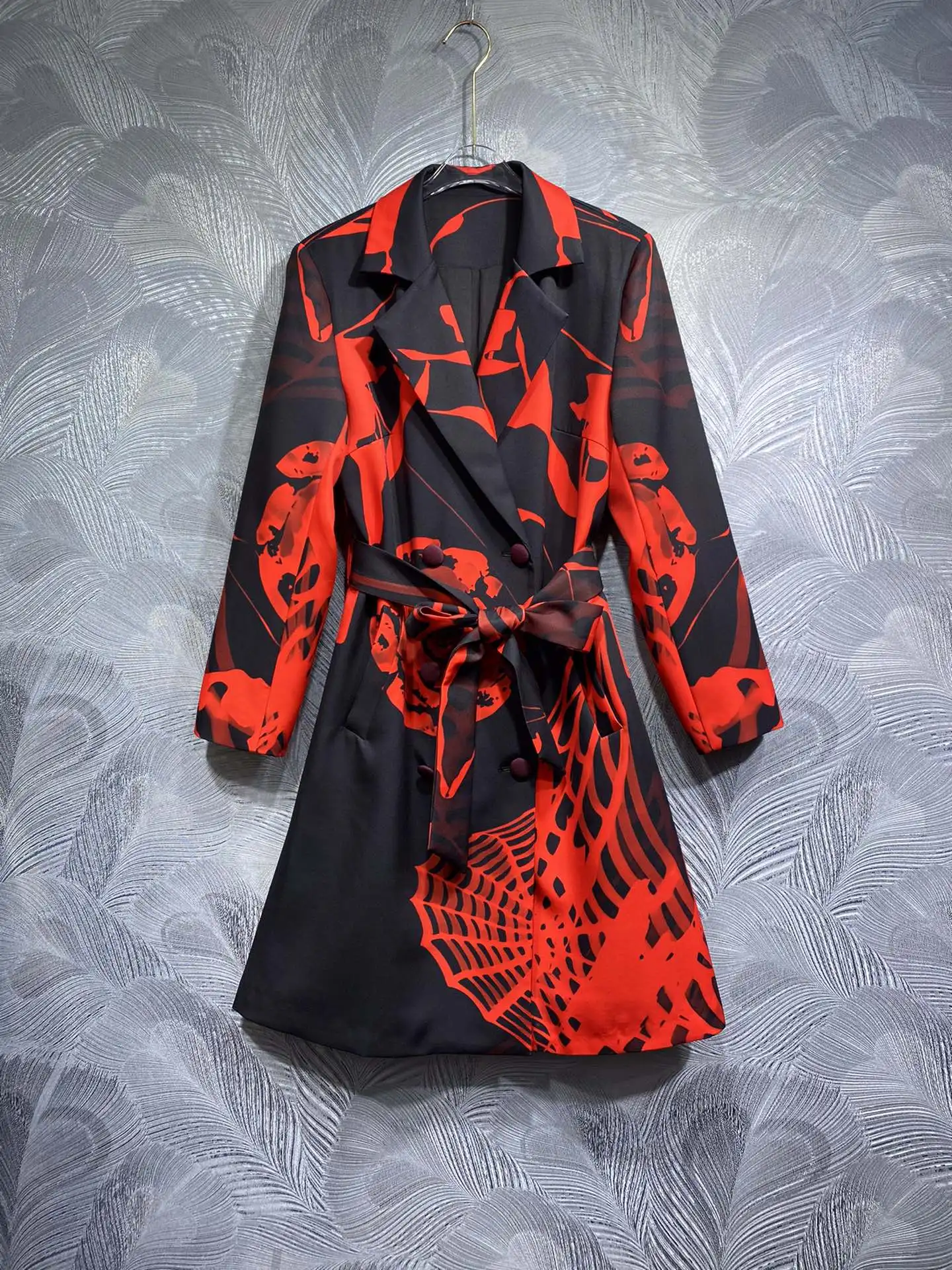 SEQINYY Elegant Long Trench Coat Spring Autumn New Fashion Design Women Runway Vintage Red Flower Print Black Top Belt