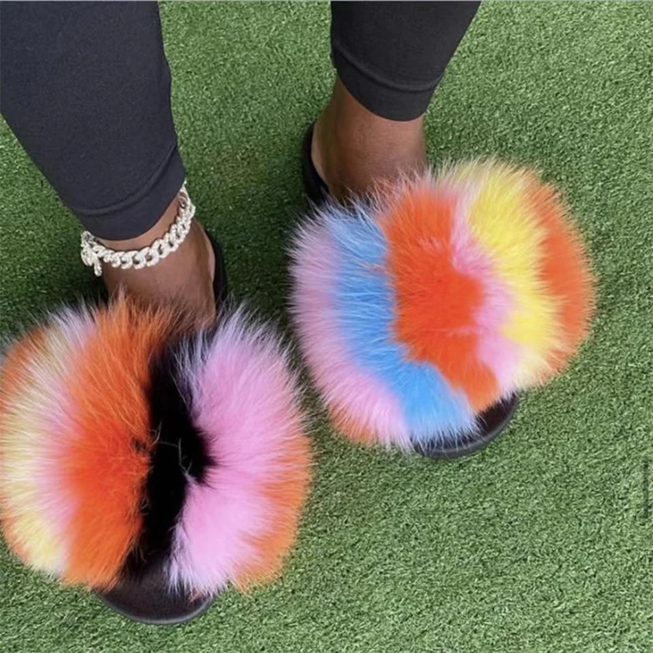 ZMPDXY Fur Slides Girl Summer Flat Slippers Big Fur Slides Fluffy Fur Slides Home Sandals Exquisite Shoes Hot Sale Women Shoes