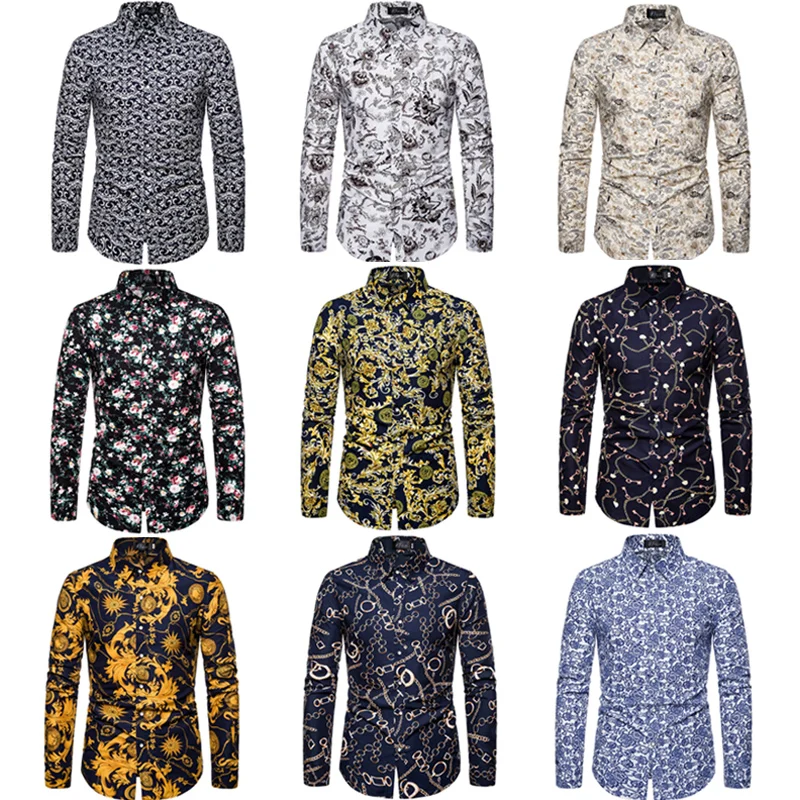 Men's Long Sleeved Slim Fit Shirt Dress Flower Casual 3D Printed Hawaiian Lapel Vacation Mens Blouse Fashion Camisas Casuais