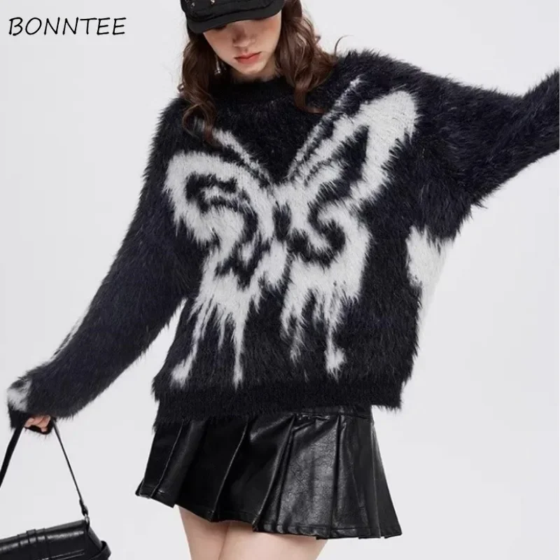 

Pullovers Women Panelled Chic Furry Knitted Comfortable Korean Fashion Sweet Lovely Girls All-match Autumn Sweaters Ins Casual