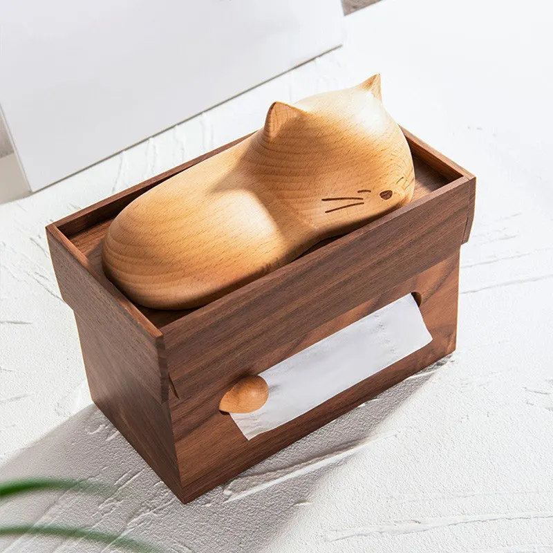 

Solid Wood Side-Pull Tissue Box, Cat Tissue Boxes Cute Sleeping Cat Design for Living Room or Dining Table Desktop Use