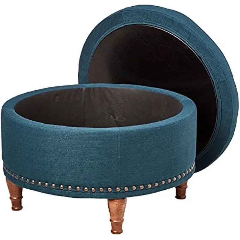 Pouf portaoggetti Alloway arredamento con chiodi in bronzo antico, tessuto azzurro