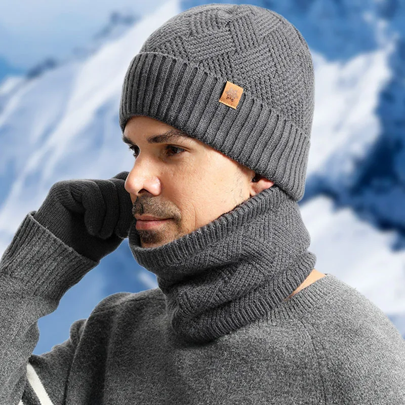 مجموعة واحدة من قبعة محبوكة مبطنة بالصوف للشتاء الدافئ والناعم والأوشحة وقفازات شاشة تعمل باللمس مجموعة مكونة من 3 قطع، مثالية لتدفئة الأذن والرقبة