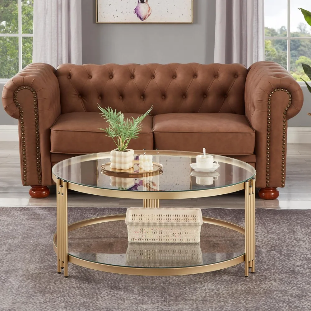 โต๊ะกาแฟกระจกสีทองทรงกลมขนาด 36 นิ้ว - โต๊ะทรงกลม 2 ชั้นพร้อมโครงโลหะ สำหรับห้องนั่งเล่น/บ้าน/สำนักงาน/อพาร์ทเมนต์