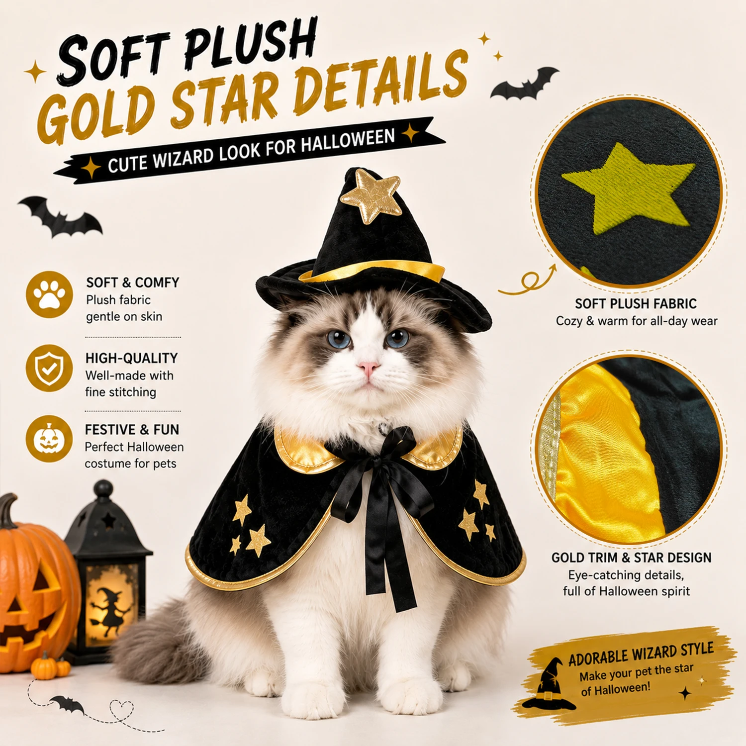 Halloween-Zauberer-Kostüm für Katzen und Hunde, schwarzer, goldfarbener Umhang mit Sternenmuster, passender Hexenhut, verstellbarer Riemen, macht Spaß. – Detail 5