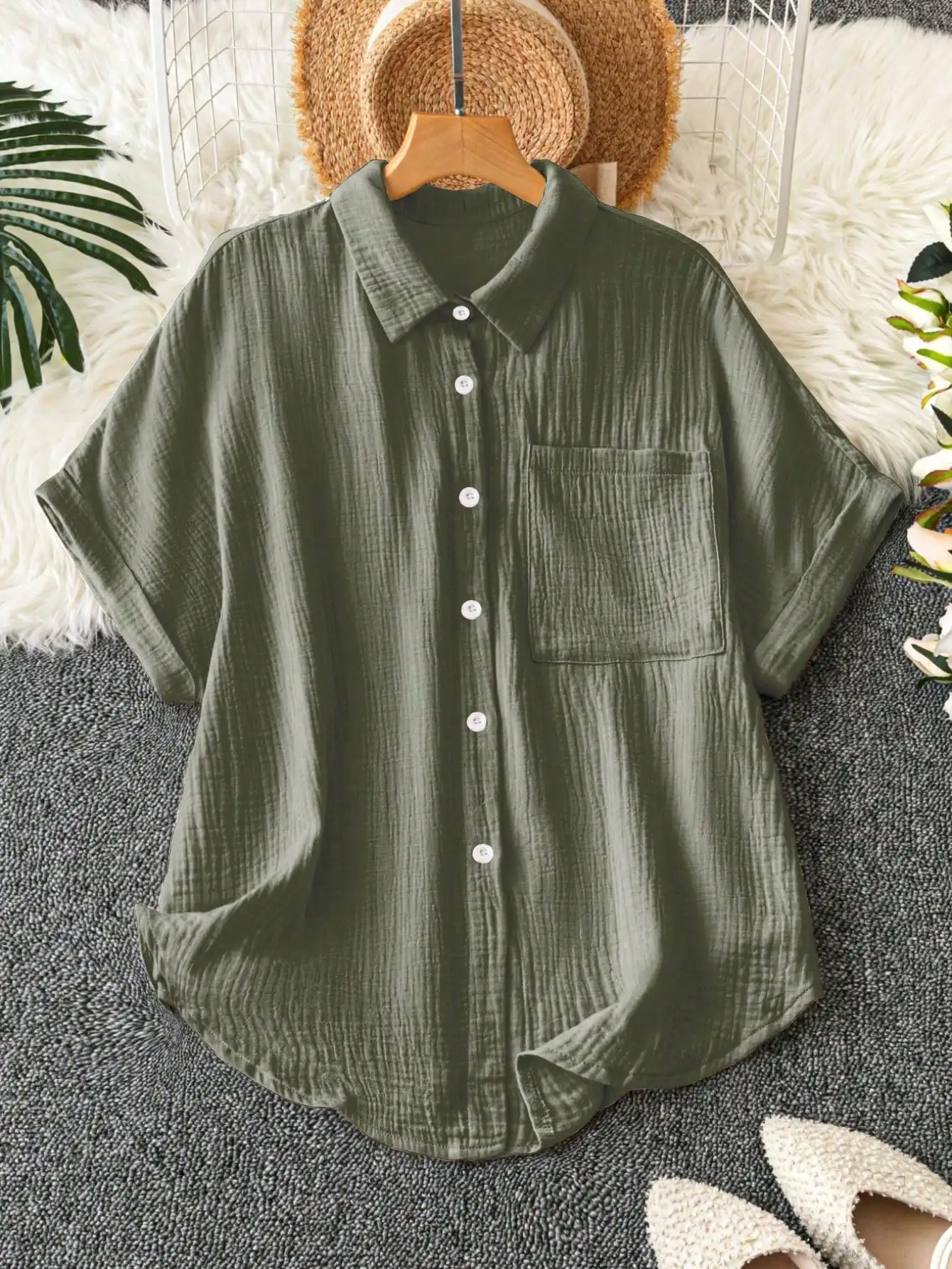 

Olive Green Solid Button Front Loose Shirt With Patched Pocket