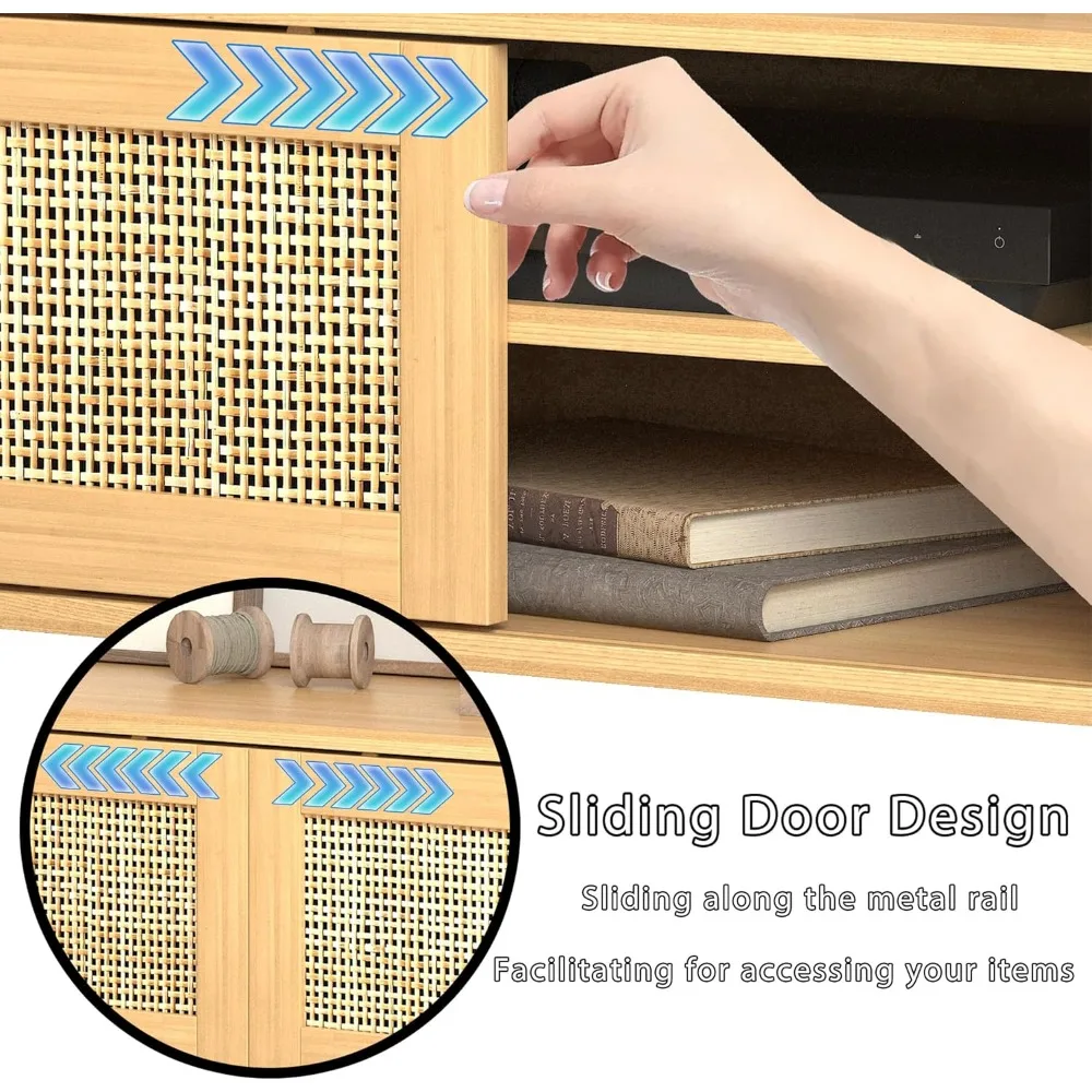 

Boho TV Stand for 55 65 Inch TV, Rattan Entertainment Center with Shelves, Cabinets and Sliding Doors, TV Media Table,Customized