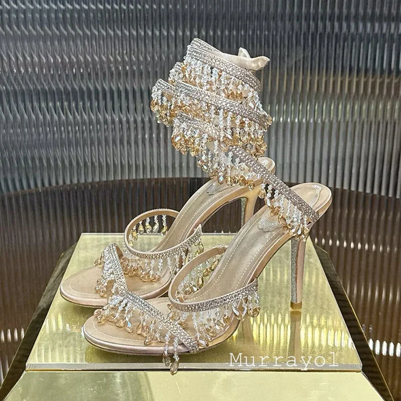 Sandals Women Ankle Snake Shaped Strap Entanglement Banquet Dress Shoes Summer Tassels Rhinestone Decor Thin High Heel Sandalias image 3