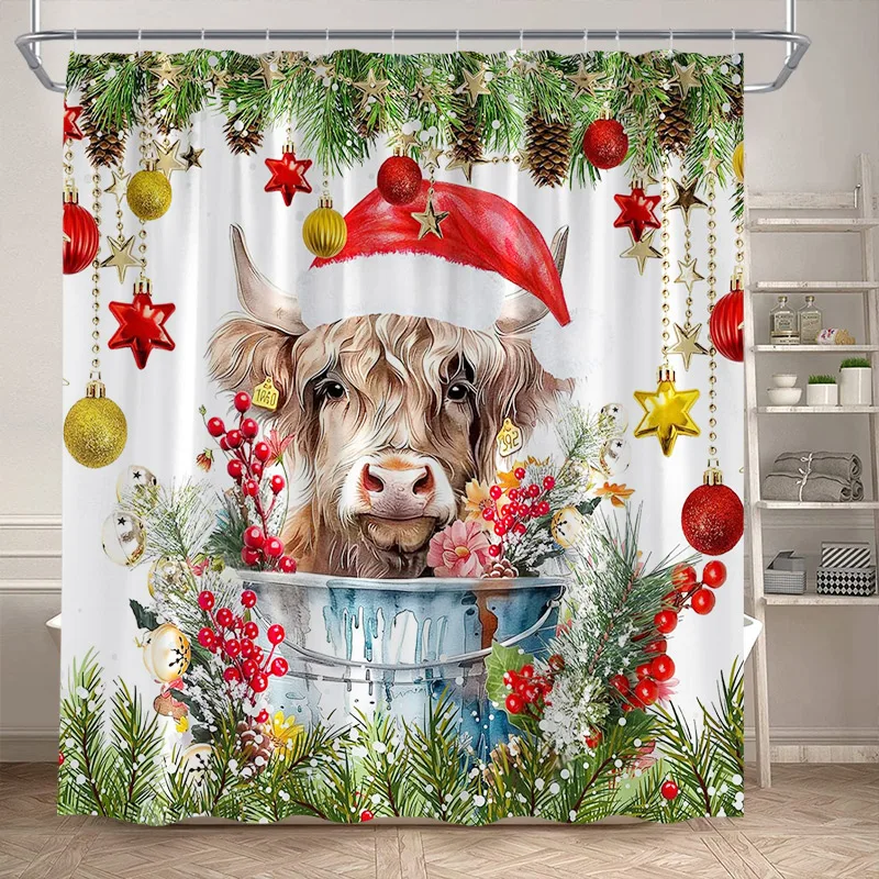 Farm Highland Cow Shower Curtain Winter Forest Farmhouse Animals Snowflake Scenery Christmas Bathroom Curtains Decor with Hooks