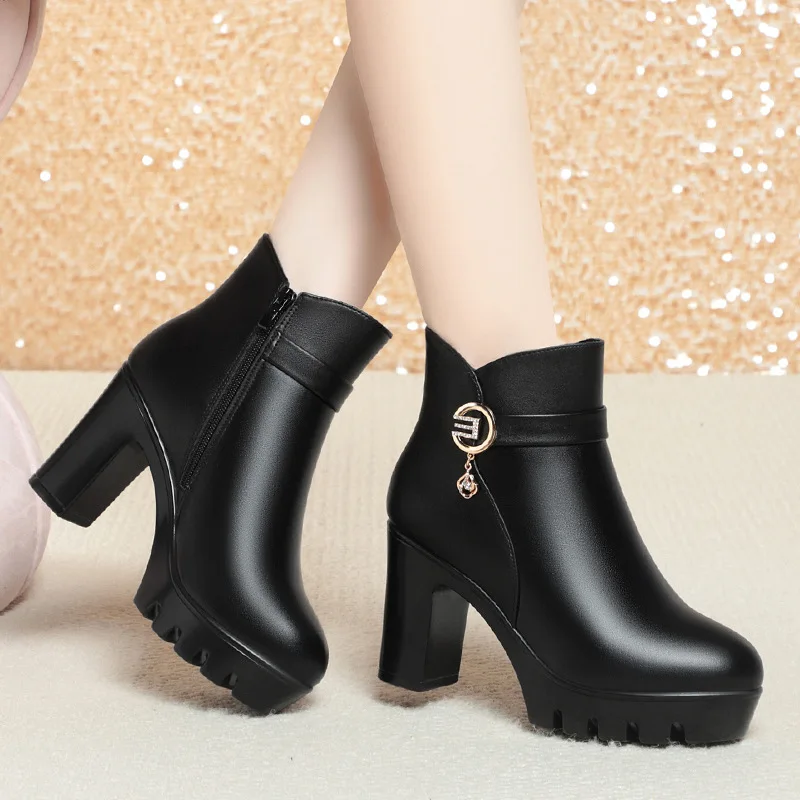 Women's Ladies Mother Famale Winter Ankle Boots PU Leather Fur Warm Plush Shoes Fashion Zipper Chunky Heel Women Short Boots