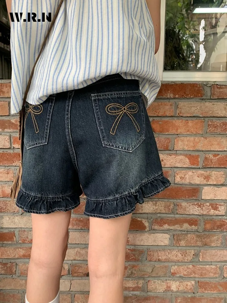

Gyaru Hotsweet 2000S Женские джинсовые шорты с бантом-футляром Y2K и высокой талией, повседневные сексуальные тонкие уличные шорты в стиле Kpop
