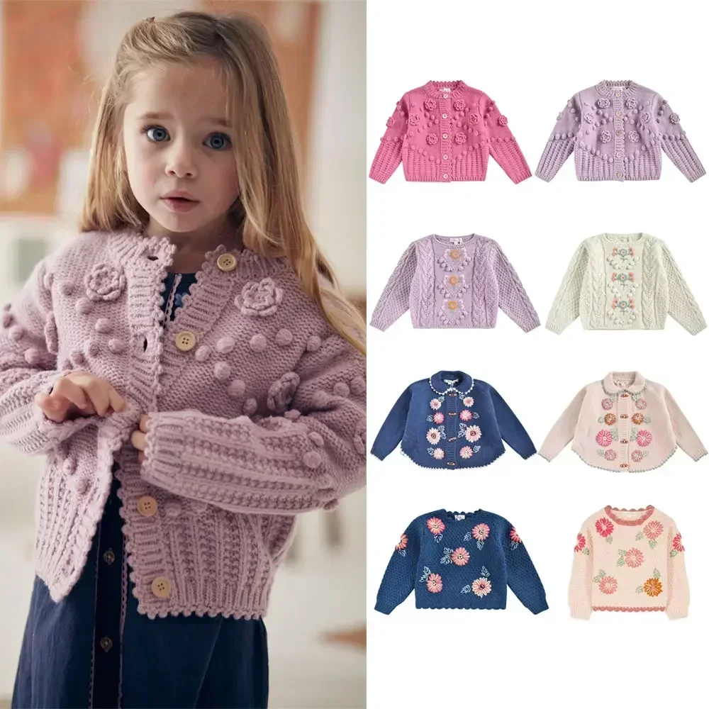 Pull brodé de fleurs pour enfants, manches longues, pull cardigan pour filles, pantalon, automne, hiver, nouveau, LM, 2024