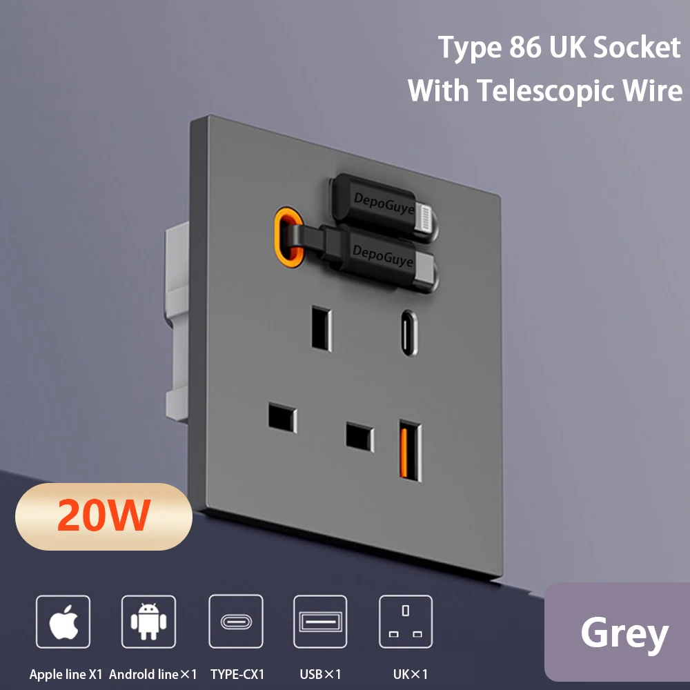 86 Type Universal 20W USB Type-C Socket Panel With Expandable Charging Cable Outlet,UK Mobile phone charging Type-c Socket view 6