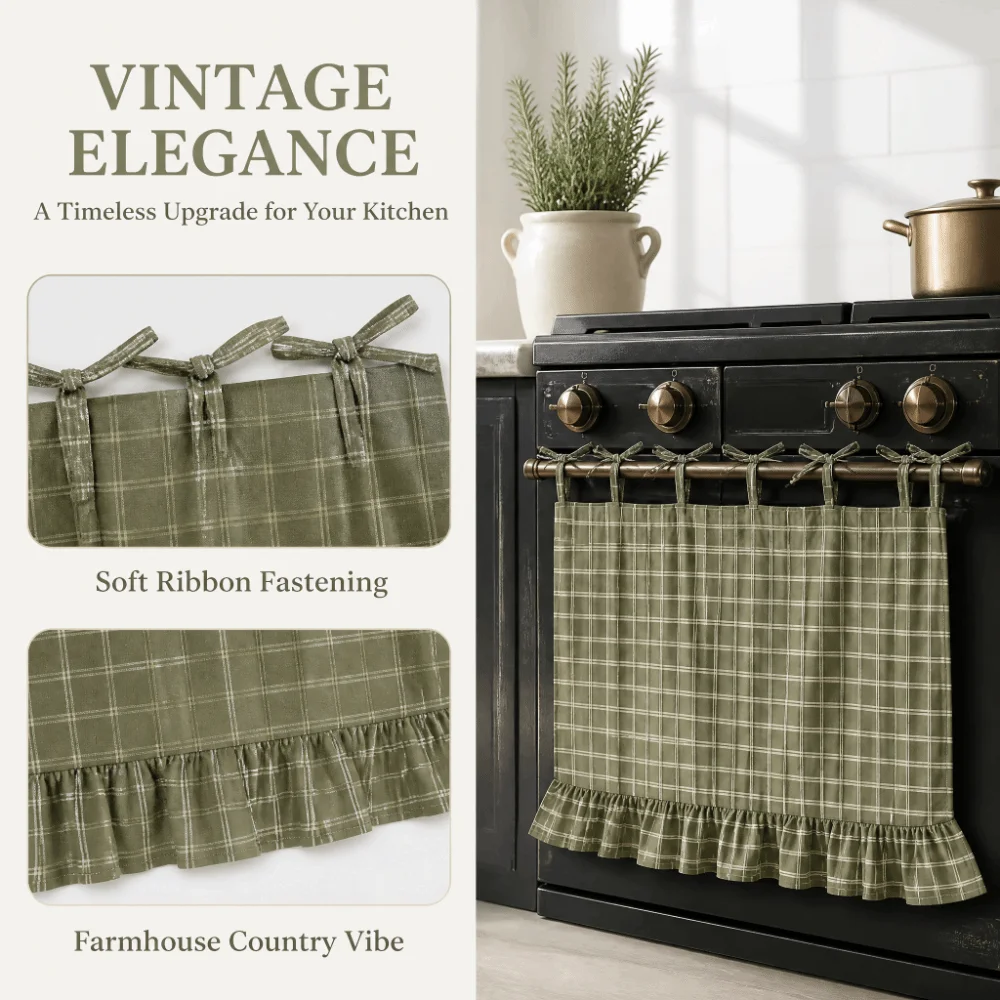 Decorative Cotton-Polyester Blend Oven Curtain Green Window Treatment Farmhouse Curtain Heat Safe Curtain Home Decoration