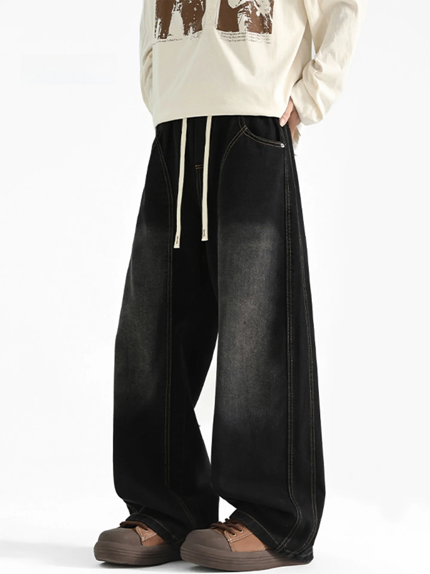 

American High Street Wide Leg Denim Jeans Men Trendy Brand Haome High End Feeling Waed Loose Drape Casual Pants