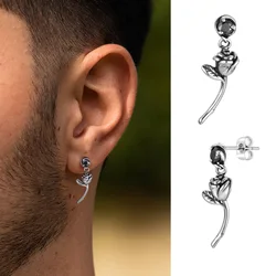 Gothic Rose Drop Earrings for Men Boys,Stainless Steel Ear Stud with Black Zircon,Rock Punk Cool Rap Jewelry Gifts