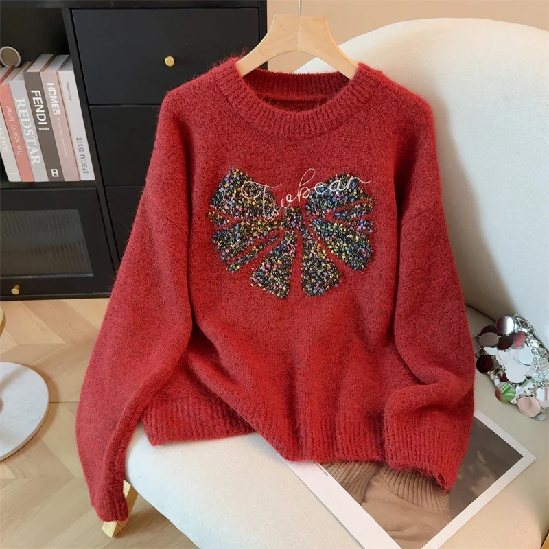 เสื้อสเวตเตอร์ไหมพรมสีเทาปักลายสไตล์วินเทจ Y2K ยุค 2000 คอวี แขนยาว สำหรับผู้หญิง ฤดูหนาว 2025