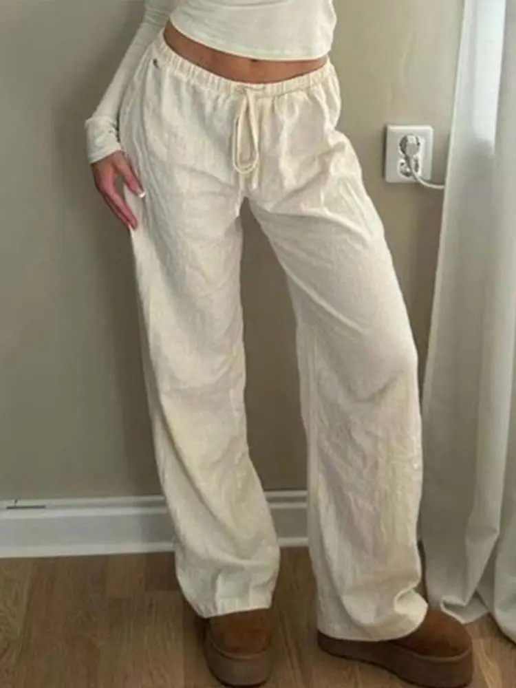 Fashion Cotton Linen Women's Lace Up Long Pant Pocket Solid Lady  Straight Pants 2025 New Spring Summer Casual Female Trousers
