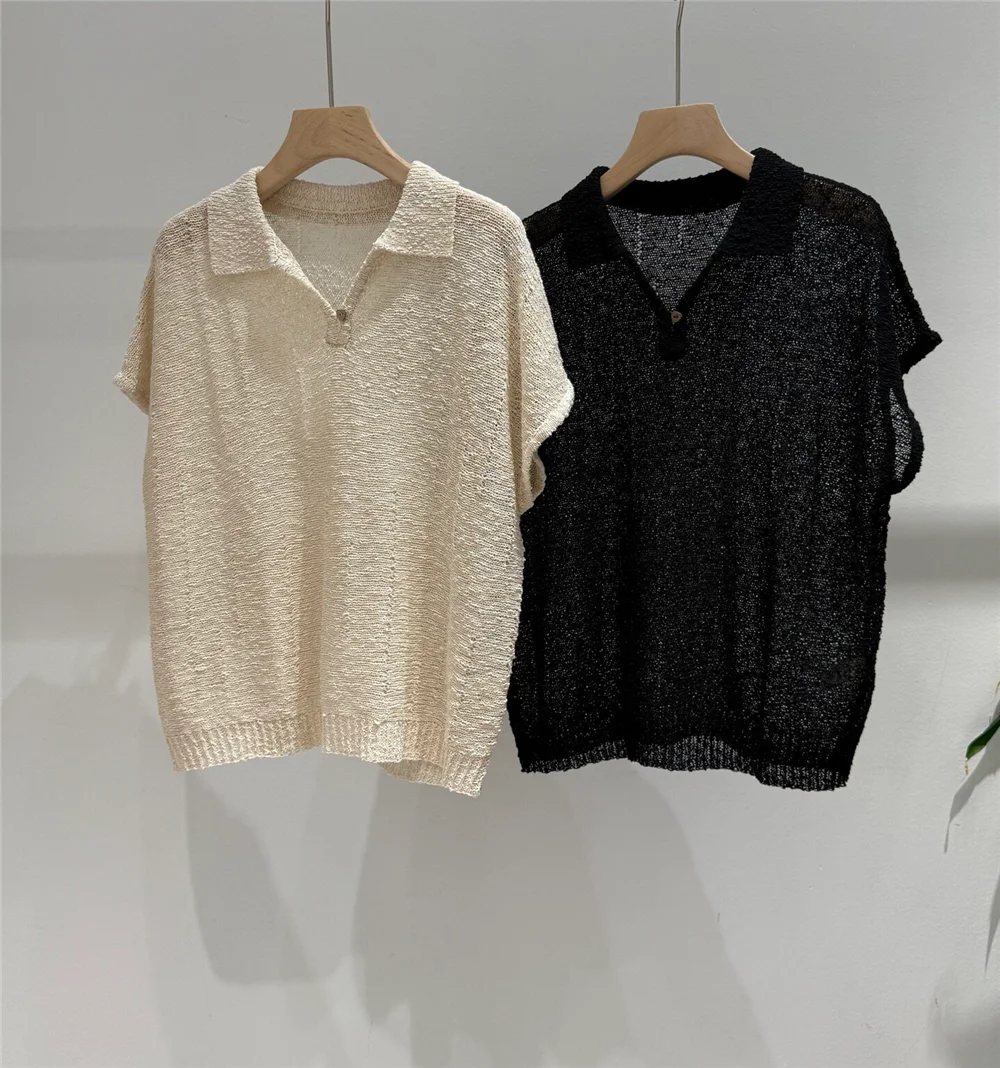 

Women's Openwork Pullover Short Sleeves Cotton Knit Breathable Slimming Polo Shirt