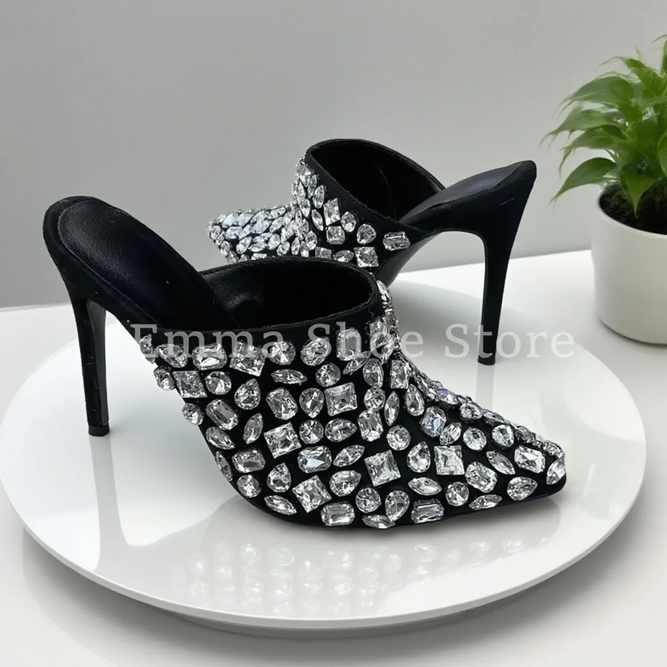 Элегантные черные сабо со стразами, украшенные стразами, туфли-лодочки на высоком каблуке-шпильке с острым носком, вечерние тапочки без шнуровки, вечерние женские туфли с кристаллами