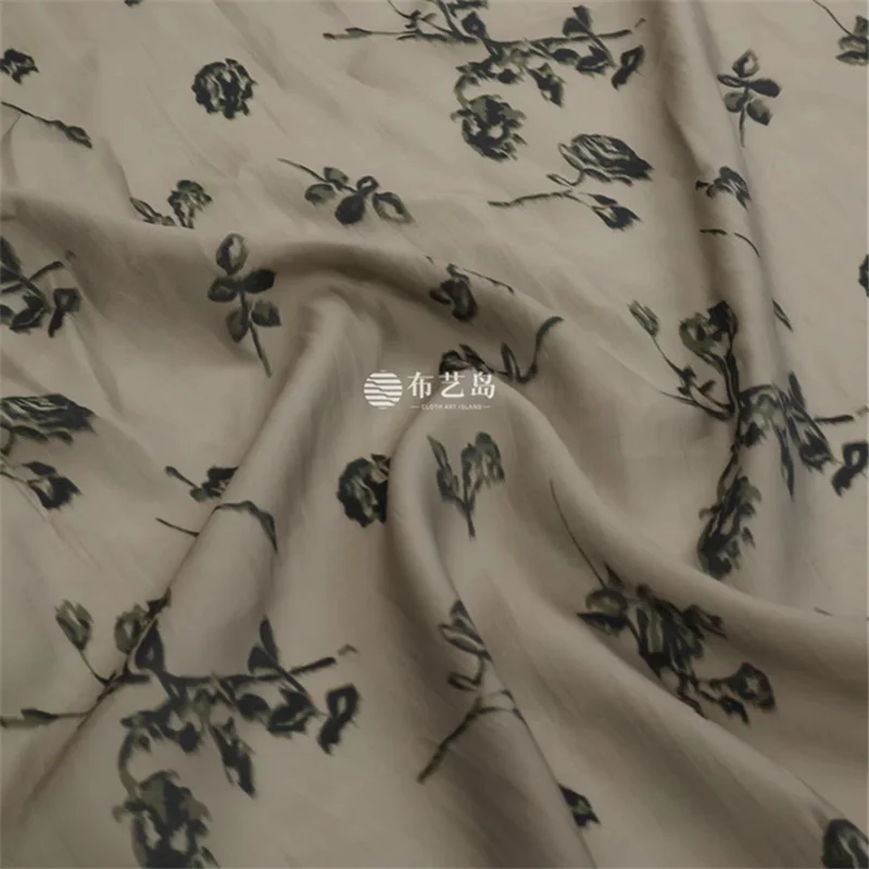 

Micro transparent hanging brown ink rose print Tencel linen fabric cheongsam dress shirt fabric