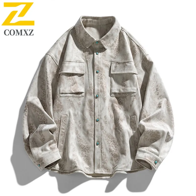 

Men's AmericanStyle Workwear Jacket Vintage Leather Coat Multi-Pocket Utility Outerwear Heavyweight Patchwork Lapel Streetwear