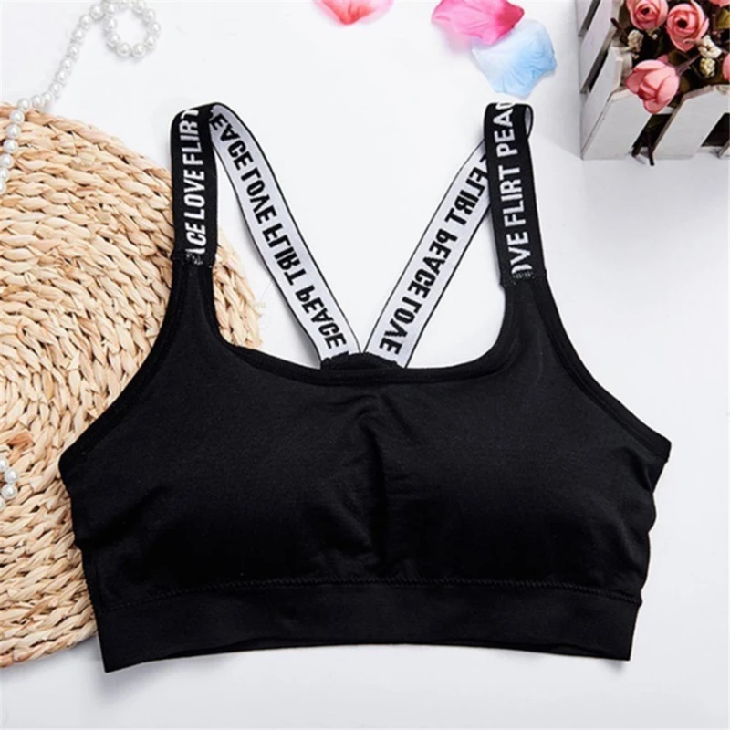 Sutiã esportivo feminino, top preto e branco, com letras, push up, para corrida e academia