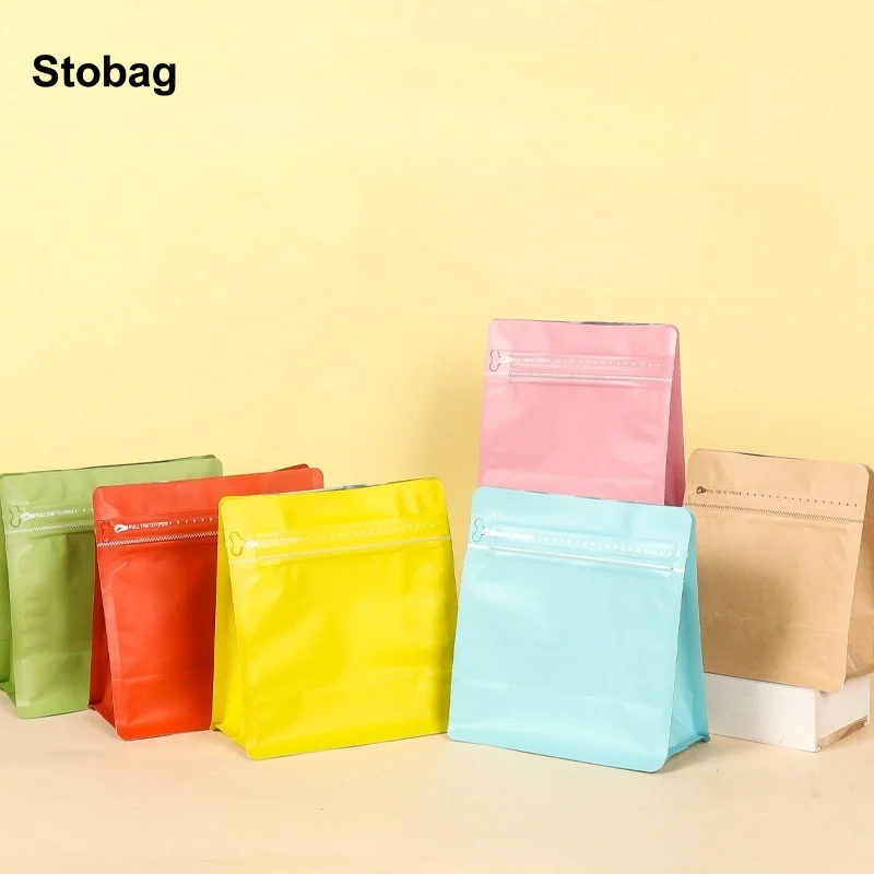 StoBag 50pcs Color Frosted Coffee Beans Bag Packaging Stand Up Octagonal Food Sealed Aluminum Foil Storage Reusable Pouches