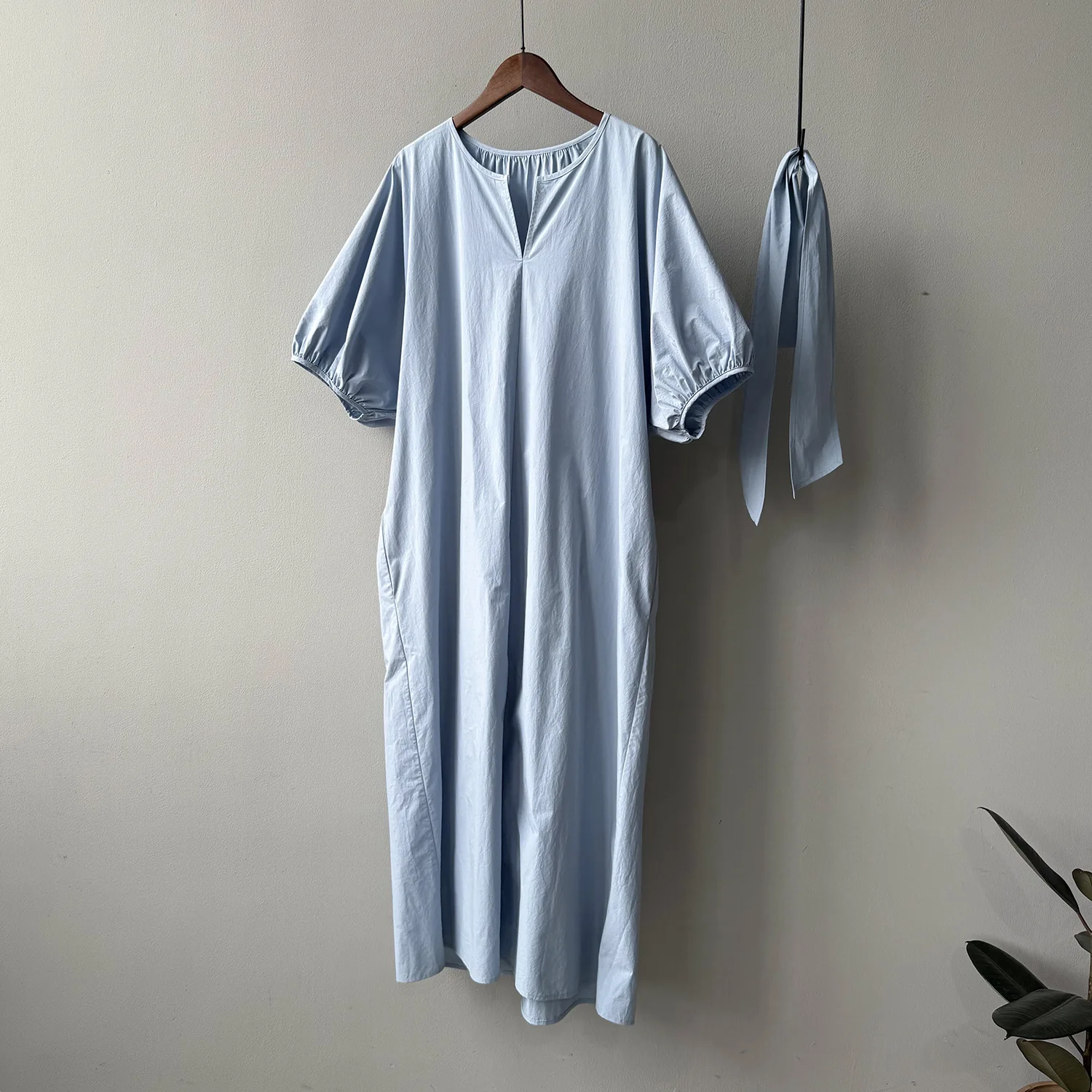 2025 Summer Women's Casual Bubble Sleeve Dress  Cotton Tie-Waist A-Line Long Dress, Loose Boho Style, Short Sleeve 82399