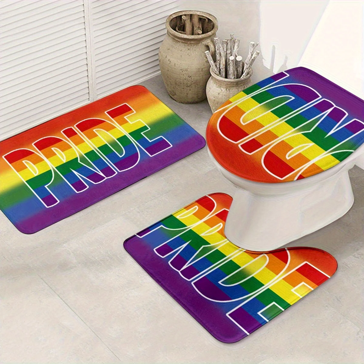 

3pcs Pride Month Bathroom Mat Set - Rainbow & "PRIDE" Text Design, Washable Floor Decor for Bathroom, Kitchen, Bedroom - Machine