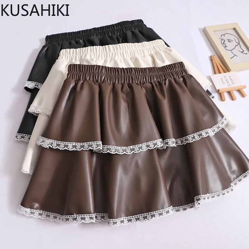 KUSAHIKI Korean High Waisted Sweet Lace Patchwork Leather Skirt Autumn New Style A-line PU Spicy Girl Short Skirts Mujer