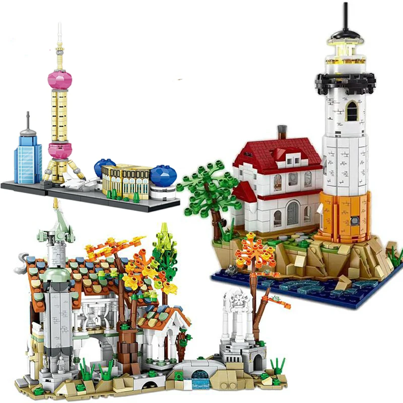 

Ideas Sky City Urban Architecture Stone House Motorized Lighthouse Building Blocks MOC Brick Birthday Children Gift